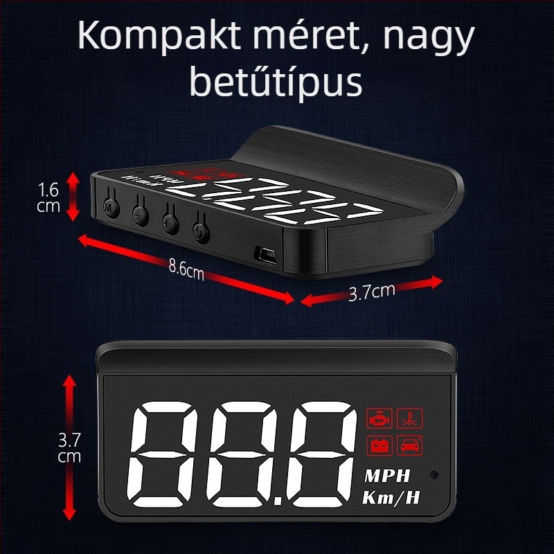 Autó Head-Up kijelző (HUD) OBD-vel, 360° holografikus kép, GPS, sebességmérő és többfunkciós mérő — manuális működtetés, akkumulátorról táplált
