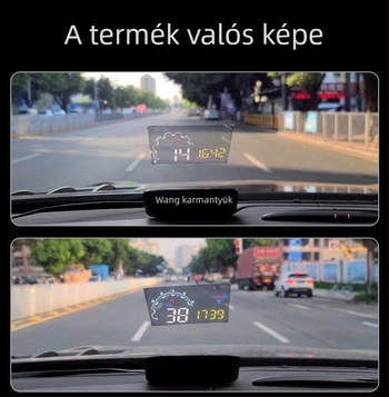 Autós HUD kijelző OBD adatokkal: üzemanyag-fogyasztás, vízhőmérséklet, megtett kilométer és sebesség — vetítés a szélvédőre