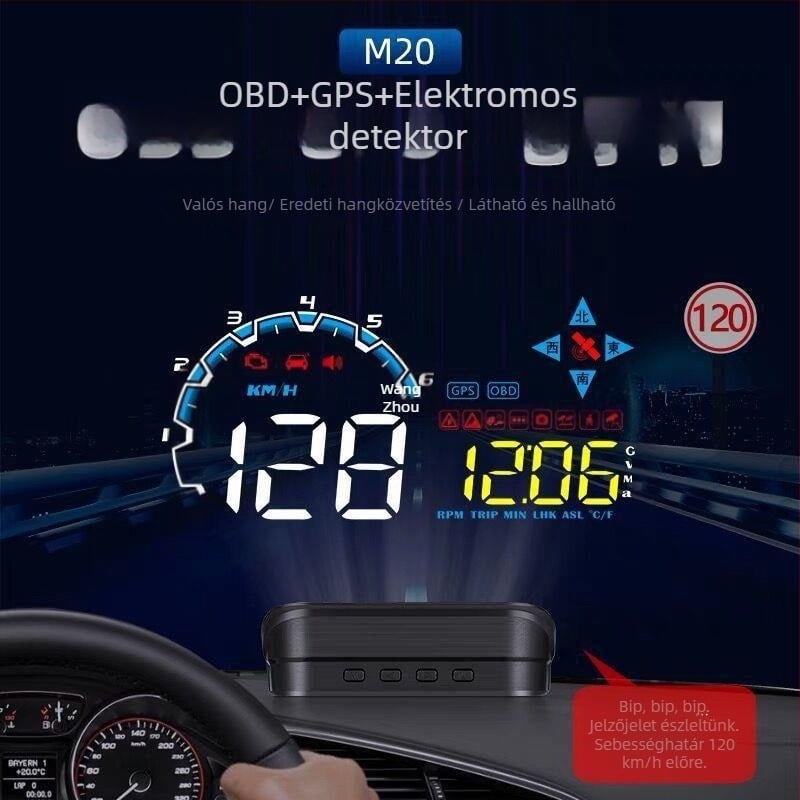 Autós HUD kijelző OBD adatokkal: üzemanyag-fogyasztás, vízhőmérséklet, megtett kilométer és sebesség — vetítés a szélvédőre