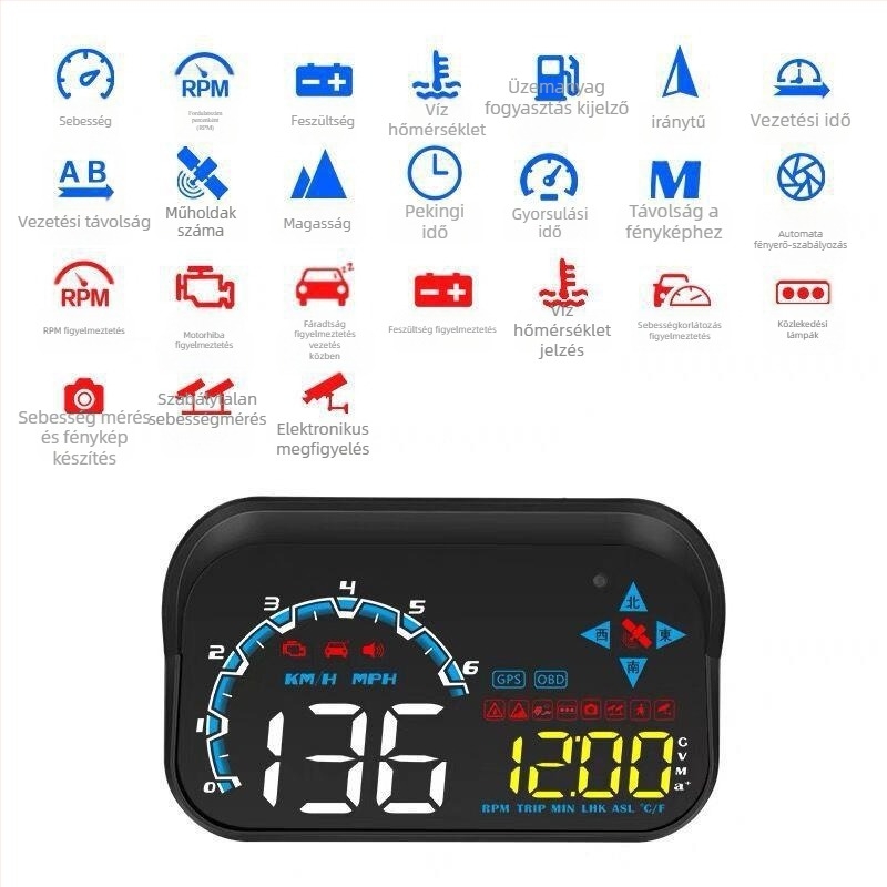 Autós HUD kijelző OBD adatokkal: üzemanyag-fogyasztás, vízhőmérséklet, megtett kilométer és sebesség — vetítés a szélvédőre