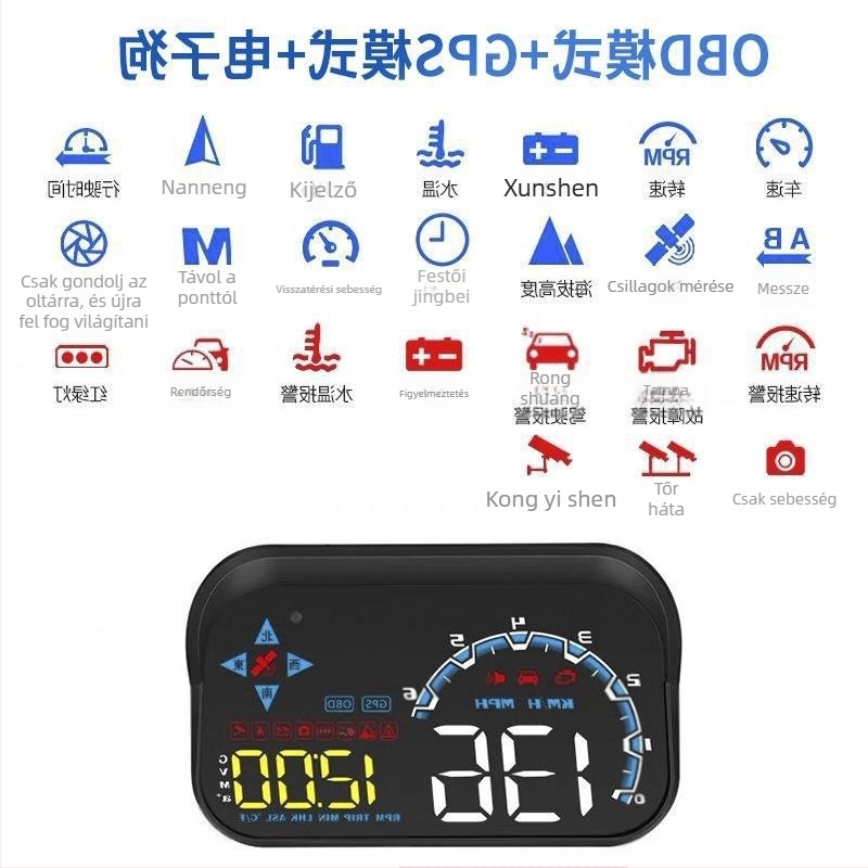 Autós HUD kijelző OBD adatokkal: üzemanyag-fogyasztás, vízhőmérséklet, megtett kilométer és sebesség — vetítés a szélvédőre