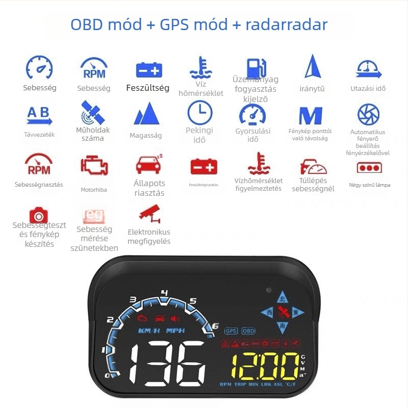 Autós HUD kijelző OBD adatokkal: üzemanyag-fogyasztás, vízhőmérséklet, megtett kilométer és sebesség — vetítés a szélvédőre