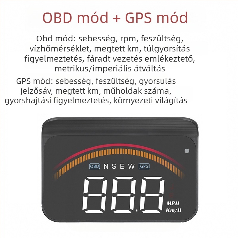 Autós HUD kijelző OBD adatokkal: üzemanyag-fogyasztás, vízhőmérséklet, megtett kilométer és sebesség — vetítés a szélvédőre