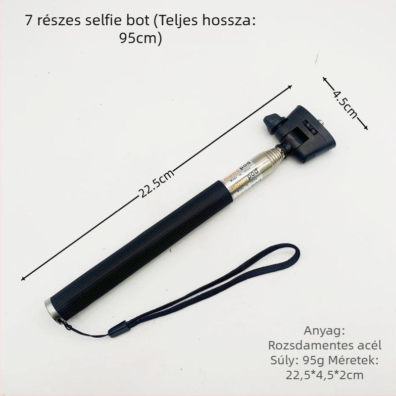 7-részes teleszkópos selfie pálca rozsdamentes acélból GoPro és egyéb akciókamerákhoz, teherbírás legfeljebb 2 kg