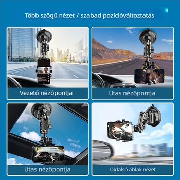 Felső autós tartó mobiltelefonokhoz és akciókamerákhoz, szívócsésze és pan-tilt fejjel, ötvözetből készült konstrukció