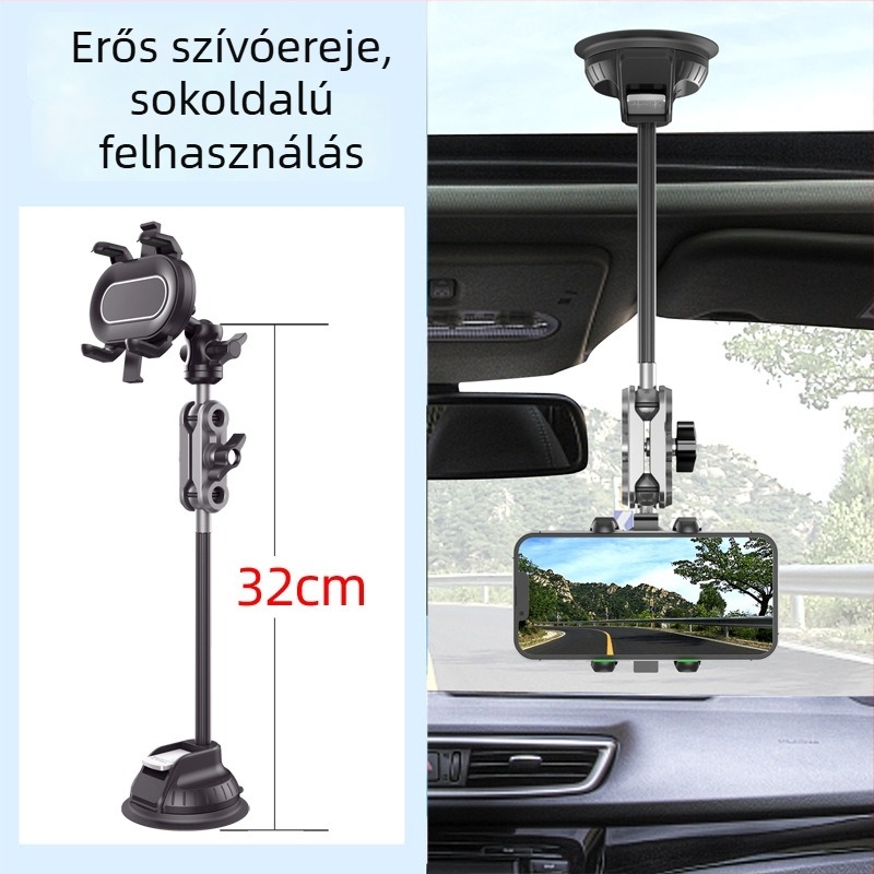 Felső autós tartó mobiltelefonokhoz és akciókamerákhoz, szívócsésze és pan-tilt fejjel, ötvözetből készült konstrukció