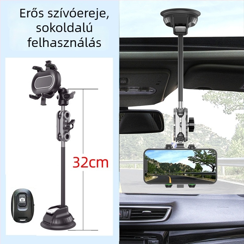 Felső autós tartó mobiltelefonokhoz és akciókamerákhoz, szívócsésze és pan-tilt fejjel, ötvözetből készült konstrukció