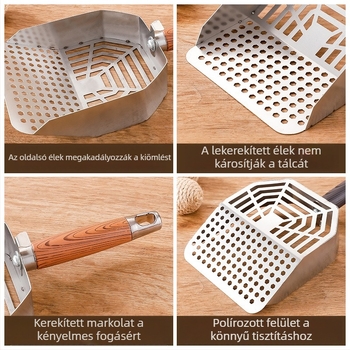 Rozsdamentes acél macskaalom-kanál, nagy méret, finom lyukak, tofu és kevert macskaalomhoz