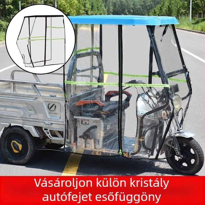 Elektronikus háromkerekű védőtető elő kupolával, külön esőfüggöny és teljesen zárt esővédő
