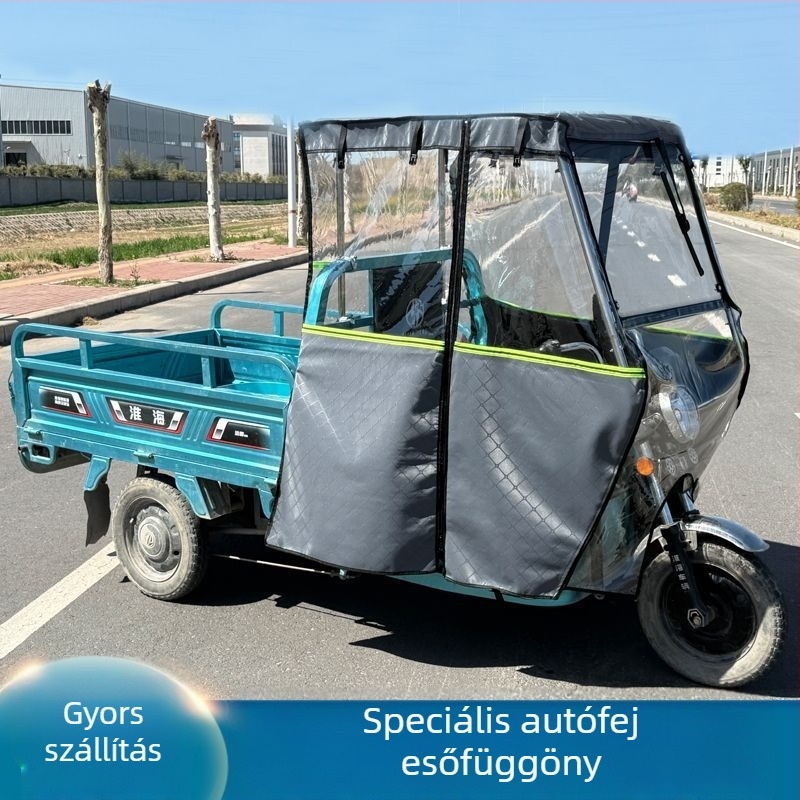 Elektronikus háromkerekű védőtető elő kupolával, külön esőfüggöny és teljesen zárt esővédő