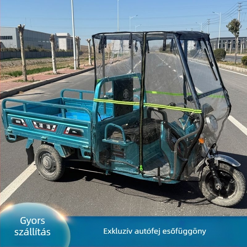 Elektronikus háromkerekű védőtető elő kupolával, külön esőfüggöny és teljesen zárt esővédő