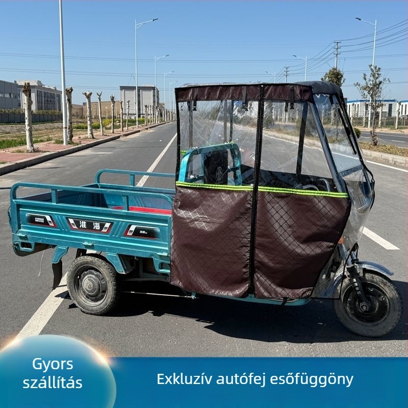 Elektronikus háromkerekű védőtető elő kupolával, külön esőfüggöny és teljesen zárt esővédő