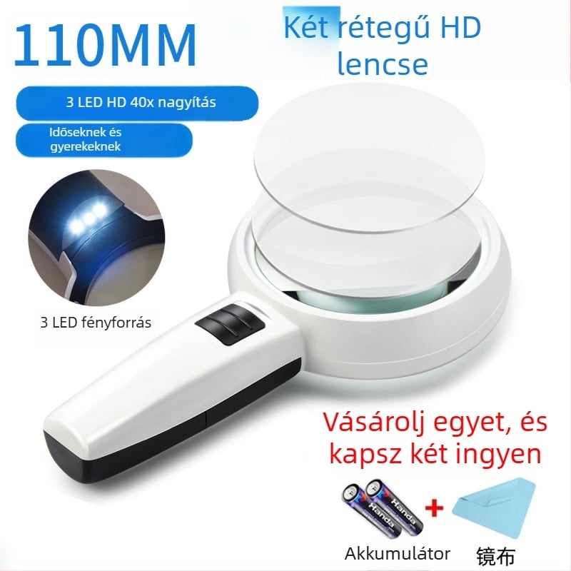 Nagyító 40× optikai üveggel, kézben tartható, LED világítással, precíz javításhoz és értékeléshez