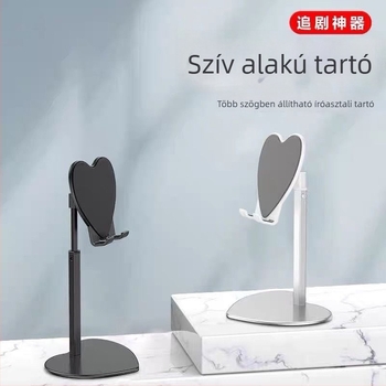 Szív alakú, faanyagú asztali tartó telefonhoz és tablethez, állítható és teleszkópos, ideális élő közvetítéshez