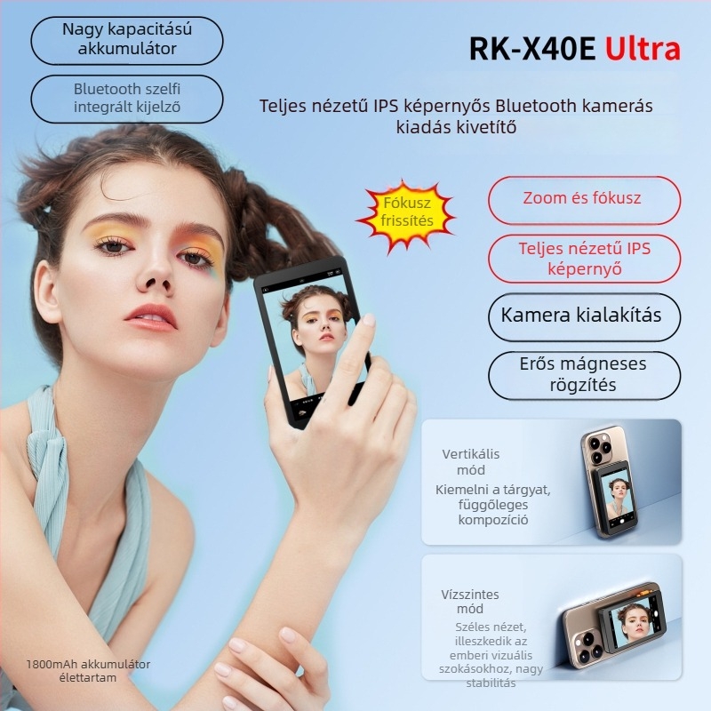 Vezeték nélküli selfie-képernyő tükröző adapter mobiltelefonokhoz, 4 colos kijelző, mágneses kijelző és hátsó kamera