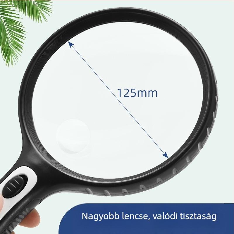 Idősek olvasásához való nagyító, magas felbontású, nagyítás, kézben tartható, megvilágítással.
