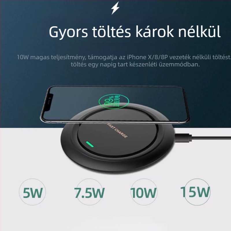 Vezeték nélküli töltő 15W, Qi gyorstöltés, Qi protokoll, Kimenet 1.67A, Testreszabás támogatott