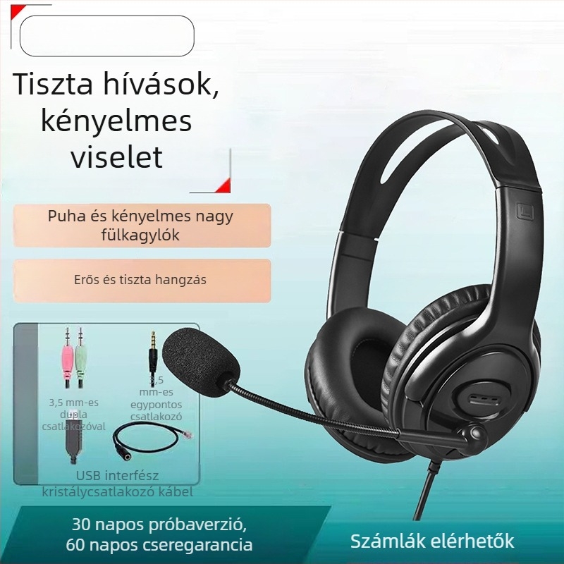 Vezetékes fejhallgató mikrofonnal, 3,5 mm-es csatlakozóval, 1,5 m kábellel, fejpántos kivitel, telefonhívásokhoz és online tanuláshoz
