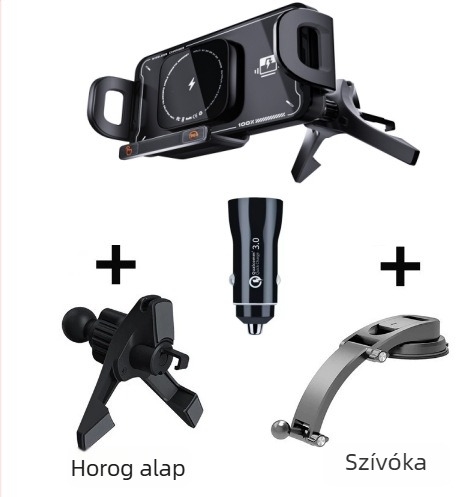 Összecsukható autós telefontartó, 360°-os forgás, vezeték nélküli töltés, mágneses töltés, QC 3.0, 15W kimenet