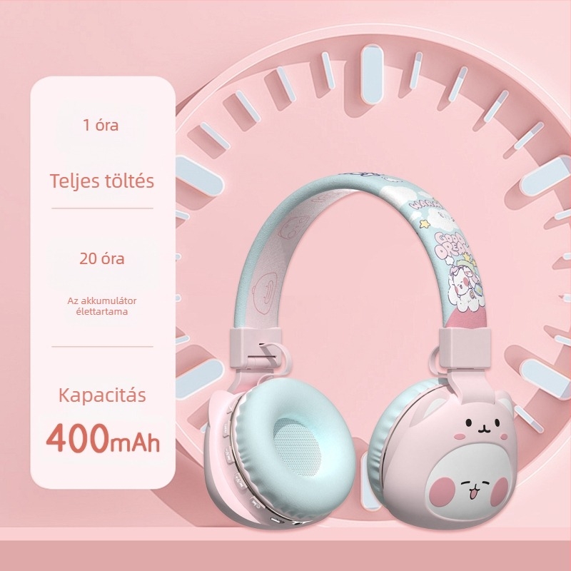 Fejre szerelt Bluetooth fejhallgató rajzfilmszerű dizájnnal, Bluetooth 5.3, 15 m hatótávolság, IPX3 vízálló, 8+ órás üzemidő