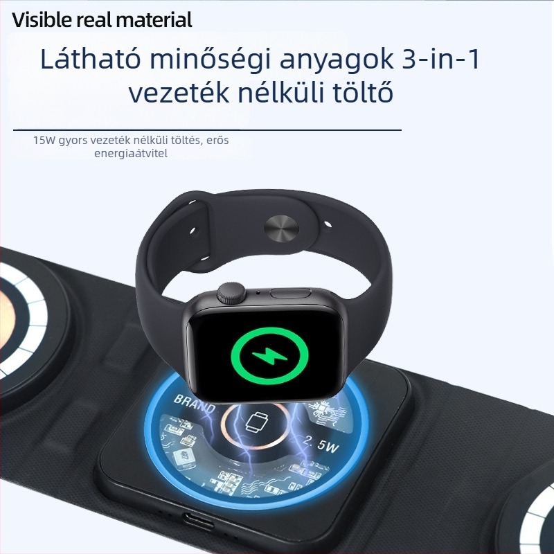 MagSafe 3-in-1 Vezeték nélküli töltő, Átlátszó Mágneses Rögzítéssel és Hajlékony Dizájnnal, PD 15W, Android és Fejhallgató Töltés