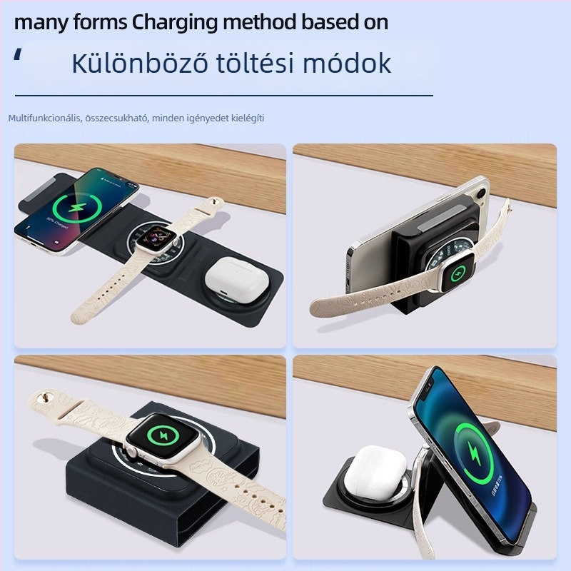 MagSafe 3-in-1 Vezeték nélküli töltő, Átlátszó Mágneses Rögzítéssel és Hajlékony Dizájnnal, PD 15W, Android és Fejhallgató Töltés