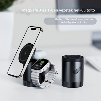 3-in-1 mágneses vezeték nélküli töltő iPhone 15-höz, fülhallgatóhoz és órához MagSafe — PD, mágneses töltés, 3 A, 15 W kimenet, 23 W összteljesítmény