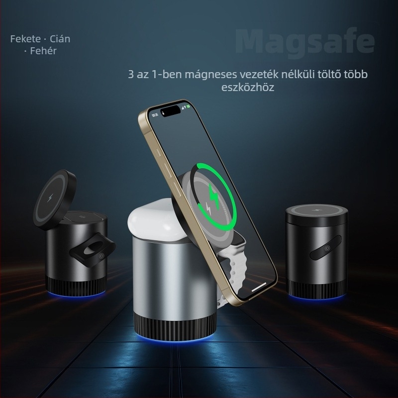 3-in-1 mágneses vezeték nélküli töltő iPhone 15-höz, fülhallgatóhoz és órához MagSafe — PD, mágneses töltés, 3 A, 15 W kimenet, 23 W összteljesítmény