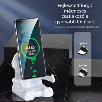 Mágneses igazítású vezeték nélküli töltő, 15W gyors töltés, asztali függőleges telefon-tartó, mosolygó űrhajós dizájn