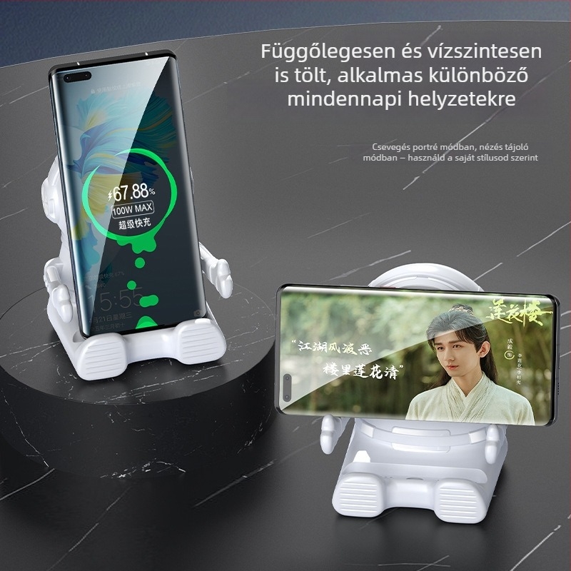 Mágneses igazítású vezeték nélküli töltő, 15W gyors töltés, asztali függőleges telefon-tartó, mosolygó űrhajós dizájn