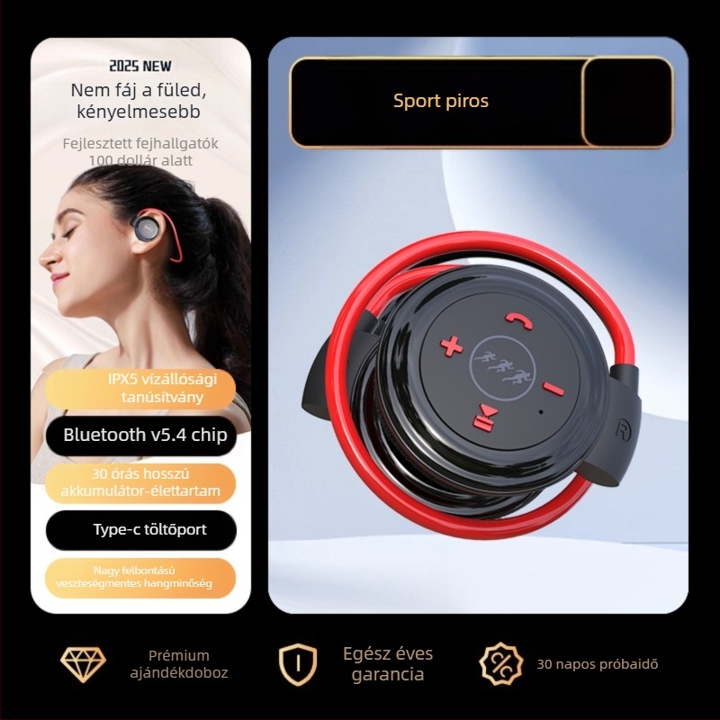 Vezeték nélküli sport Bluetooth fejhallgató MP3 lejátszóval, fejre illeszkedő, IPX4, 8 órás üzemidő, Bluetooth 5.4, 10 m hatótávolság, sztereó duál