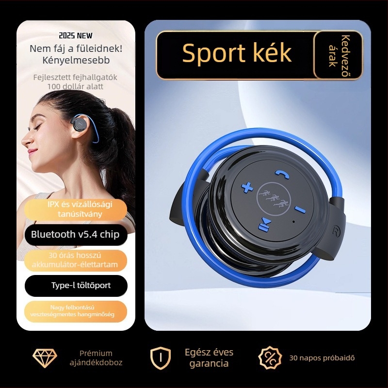 Vezeték nélküli sport Bluetooth fejhallgató MP3 lejátszóval, fejre illeszkedő, IPX4, 8 órás üzemidő, Bluetooth 5.4, 10 m hatótávolság, sztereó duál