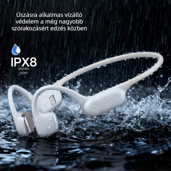 Csontvezetéses fejhallgató, IPX8 vízálló, Bluetooth 6.0, hatótávolság 10 m, üzemidő 4–8 óra, fejre rögzíthető, sztereó mindkét oldalon, sportos stílus, szilikon anyag