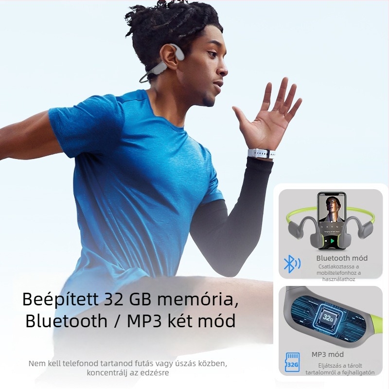 Csontvezetéses fejhallgató, IPX8 vízálló, Bluetooth 6.0, hatótávolság 10 m, üzemidő 4–8 óra, fejre rögzíthető, sztereó mindkét oldalon, sportos stílus, szilikon anyag