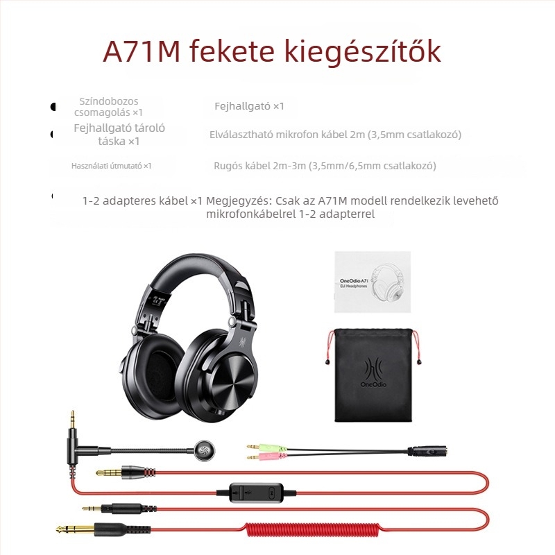 OneOdio vezetékes DJ monitor fejhallgató mikrofonnal, frekvenciasáv 20–20 kHz, impedancia 32 Ω, 3,5/6,3 mm csatlakozó, 3 m kábel