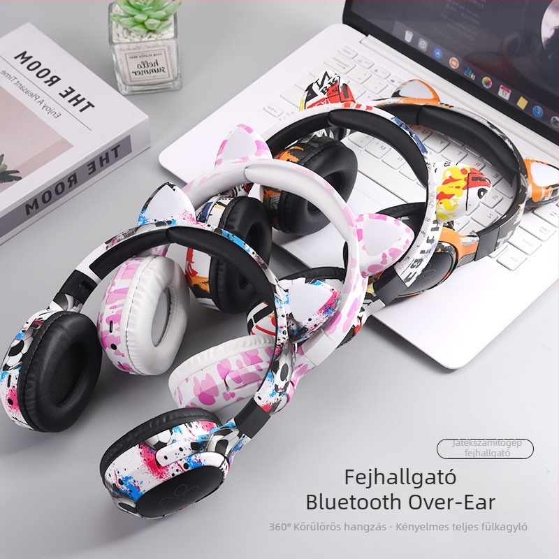 Macska-fülű Bluetooth fejhallgató, fejre illeszthető, 40 mm meghajtók