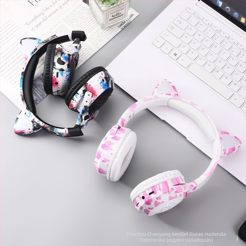 Macska-fülű Bluetooth fejhallgató, fejre illeszthető, 40 mm meghajtók