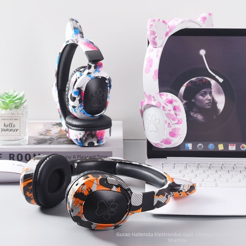 Macska-fülű Bluetooth fejhallgató, fejre illeszthető, 40 mm meghajtók