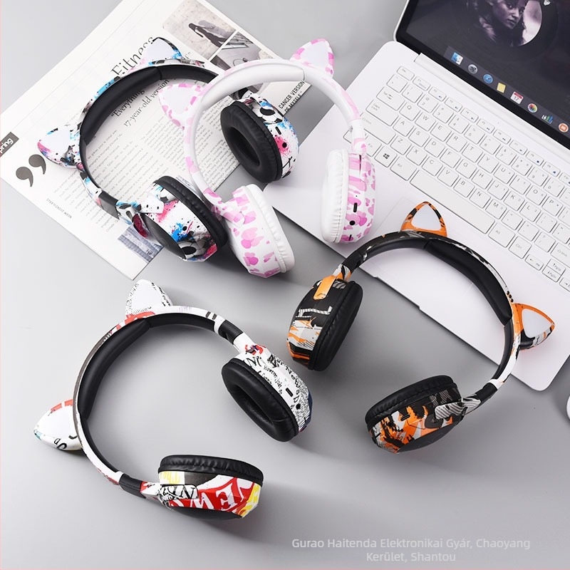 Macska-fülű Bluetooth fejhallgató, fejre illeszthető, 40 mm meghajtók