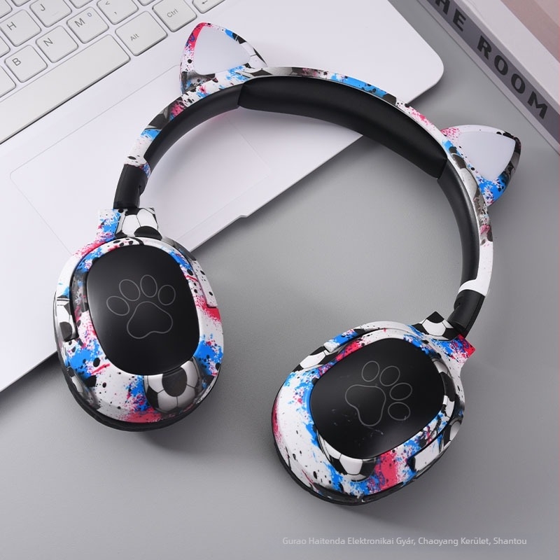 Macska-fülű Bluetooth fejhallgató, fejre illeszthető, 40 mm meghajtók