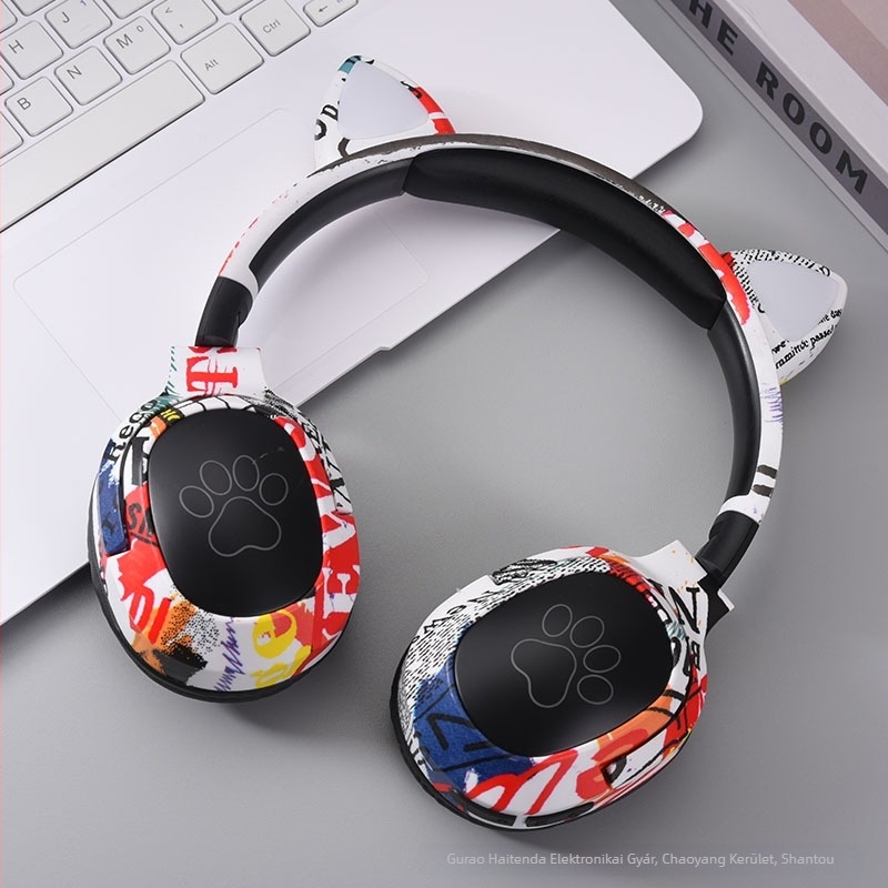 Macska-fülű Bluetooth fejhallgató, fejre illeszthető, 40 mm meghajtók