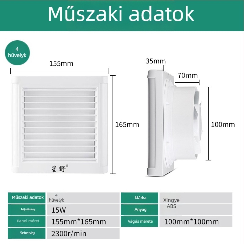 Fürdőszobai ventilátor elülső redőnyös, üvegablak stílus, 220 V, 15/18/25 W, mechanikus működtetés