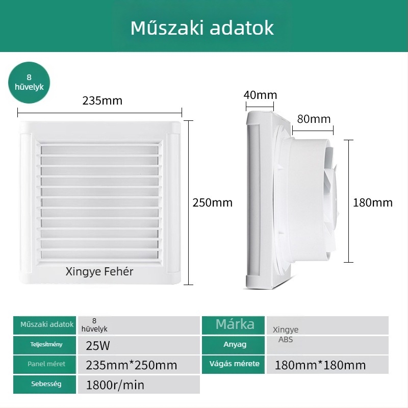 Fürdőszobai ventilátor elülső redőnyös, üvegablak stílus, 220 V, 15/18/25 W, mechanikus működtetés