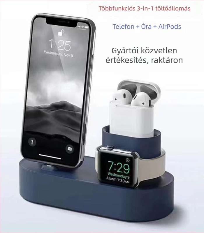 Apple asztali tartó 3 az 1-ben töltőalappal, szilikonból, kompatibilis iPhone, Apple Watch és AirPods