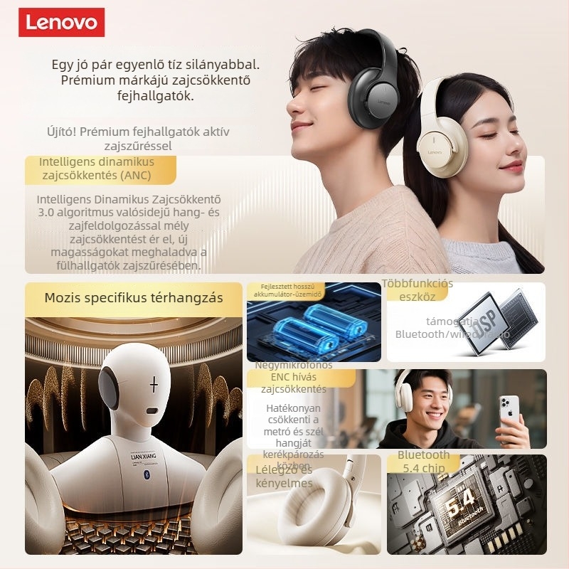 Lenovo vezeték nélküli Bluetooth headset ANC-vel, 10 m hatótávolság, 8+ órás üzemidő, fejhallgató dizájn, Bluetooth 5.4, sztereó