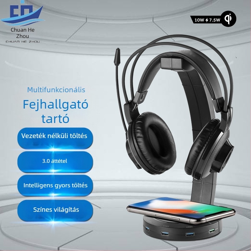 Fejhallgató tartó USB vezeték nélküli töltéssel és RGB világítással, univerzális kompatibilitás, modell CHZ001