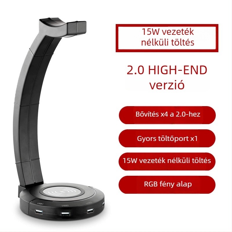 Fejhallgató tartó USB vezeték nélküli töltéssel és RGB világítással, univerzális kompatibilitás, modell CHZ001