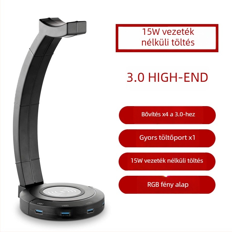 Fejhallgató tartó USB vezeték nélküli töltéssel és RGB világítással, univerzális kompatibilitás, modell CHZ001