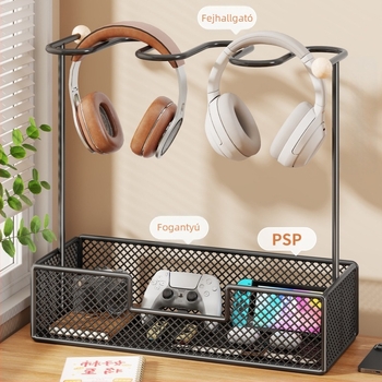 2 az 1-ben fejhallgatóállvány és Switch kontroller tároló | asztali kivitel, fém, 2 szint, letisztult modern stílus