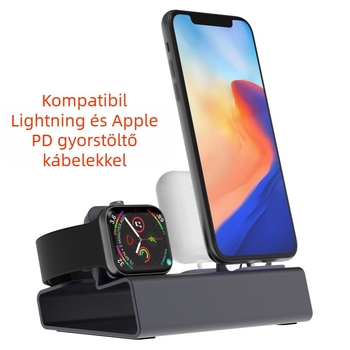 3 az 1-ben alumíniumötvözetes asztali töltőállvány Apple iPhone, Apple Watch és AirPods számára PD gyors töltéssel (Modell T030B-PD)